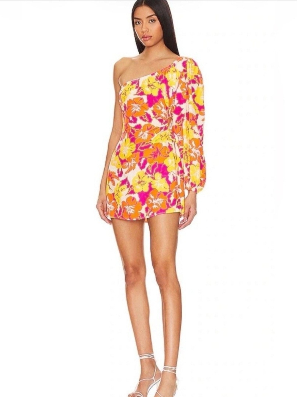 l*space One-Shoulder Floral Mini Dress in Pink, Orange & Yellow